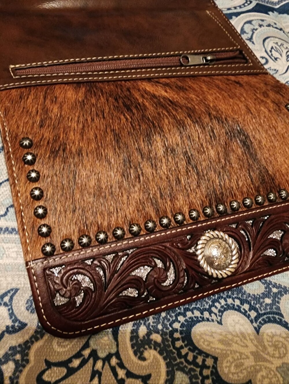 American Darling Brown Haircalf Tote with Tooled Leather Trim - Picture 14 of 16